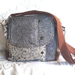 Myra Calf Hair/Canvas  Distressed Crossbody Messenger Bag